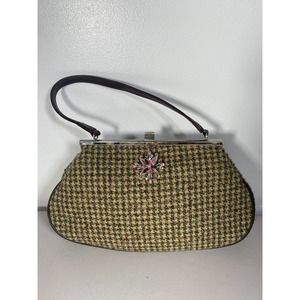 Glenda Gies Vintage Houndstooth Fabric Jeweled Brooch Handbag - RARE